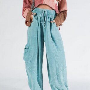 Three Bird Nest Cool Coast Wide-Leg Pants Teal Pocket Drawstring S